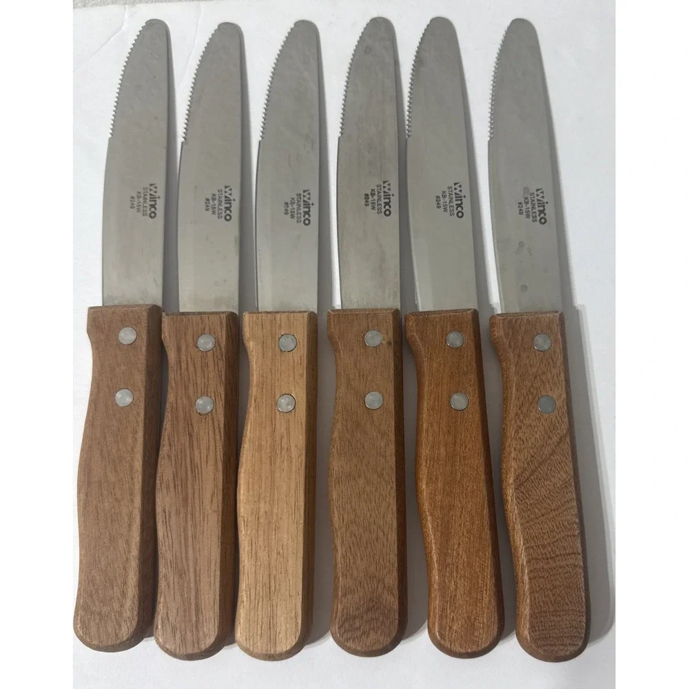 Winco KB-15W #249 Jumbo Steak Knife w/ 5in Heavy Duty Blade LOT Of 6 Wood Handle